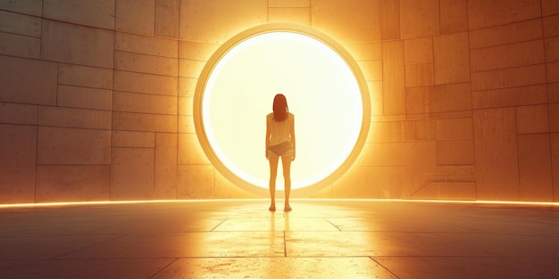 La silueta de una mujer contra un círculo iluminado gigante en la arquitectura moderna