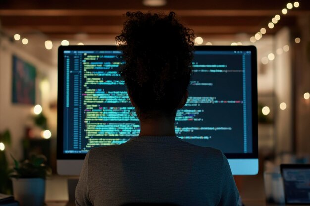 La silueta de una mujer contra la pantalla de la computadora muestra el código