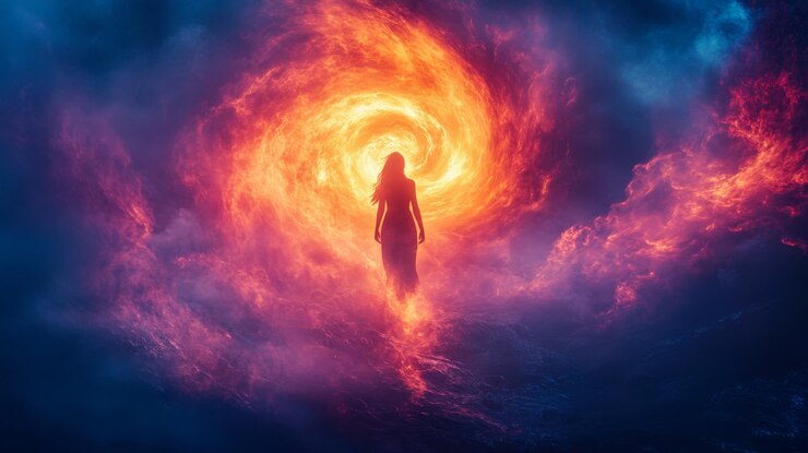Foto la silueta de una mujer contra un portal de fuego en un paisaje de ensueño místico durante la noche