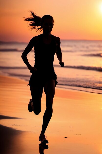 Silueta de una mujer corriendo en la playa al atardecer Concepto de estilo de vida saludable Poster espacio de copia de banner