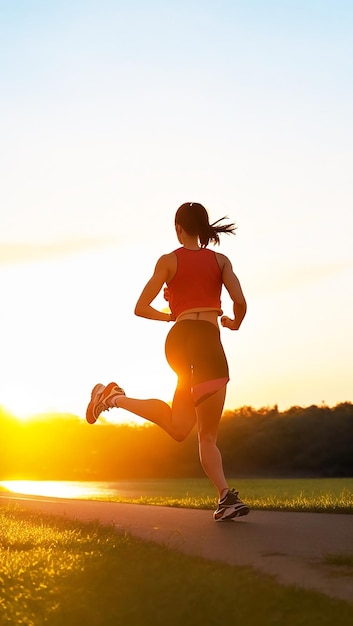 Silueta mujer corriendo sola en la hermosa puesta de sol en el parque AI generado