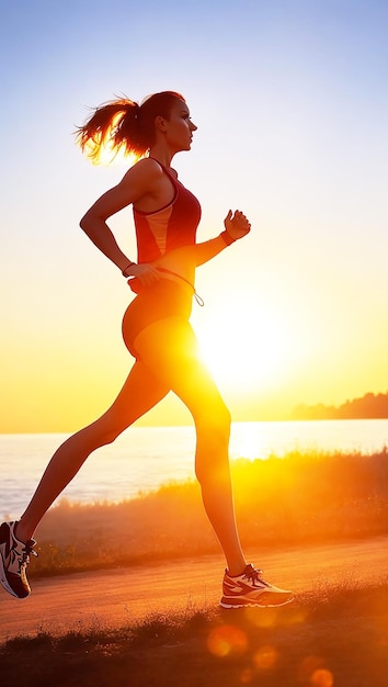 Silueta mujer corriendo sola en la hermosa puesta de sol en el parque AI generado