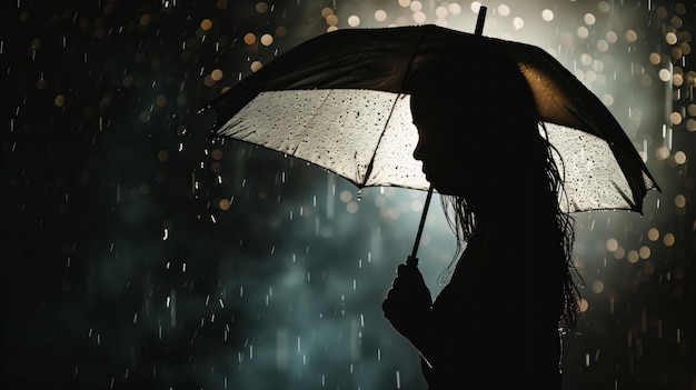 Silueta de mujer elegante con paraguas de pie bajo la lluvia por la noche