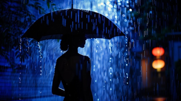 Silueta de mujer elegante con paraguas de pie bajo la lluvia por la noche