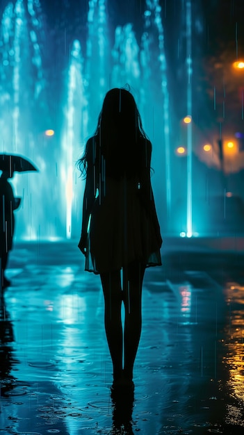 Silueta de mujer elegante de pie bajo la lluvia por la noche