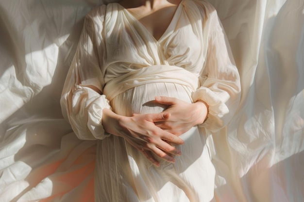 silueta de una mujer embarazada acunando su vientre en medio de suaves tonos pastel
