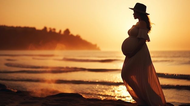 Silueta de mujer embarazada en la playa futura madre esperando el nacimiento de un bebé mujer con vientre embarazada caminando por la costa madre embarazada al aire libre tomando el sol IA generativa