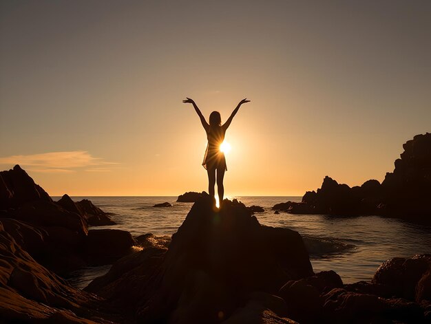 Silueta de una mujer feliz extendiendo sus brazos en la puesta de sol en la playa mujer feliz de pie con la espalda a la puesta del sol en la naturaleza vacaciones vitalidad concepto de vida saludable