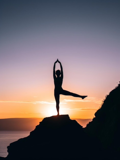 Silueta de una mujer en forma practicando yoga en un alto acantilado al atardecer generativo ai