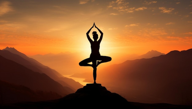 una silueta de una mujer haciendo yoga en la cima de una montaña con montañas en el fondo