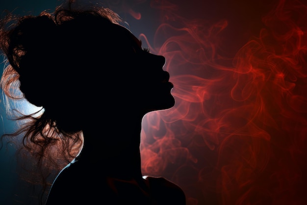 la silueta de una mujer con humo rojo saliendo de su cabello