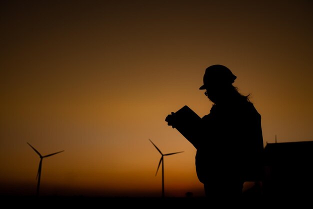 Silueta de mujer ingeniera trabajando y sosteniendo el informe en la estación generadora de energía de la granja de turbinas eólicas en la gente de mountainThailand