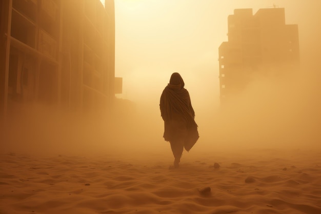 Silueta de mujer irreconocible con ropa cubierta caminando por el desierto en una tormenta de arena a la luz del día