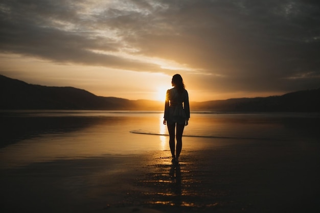 Silueta de una mujer joven caminando por la playa al atardecer