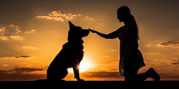 Una silueta de una mujer joven y su mascota Pastor Alemán Mix Dog estrechando la mano al atardecer