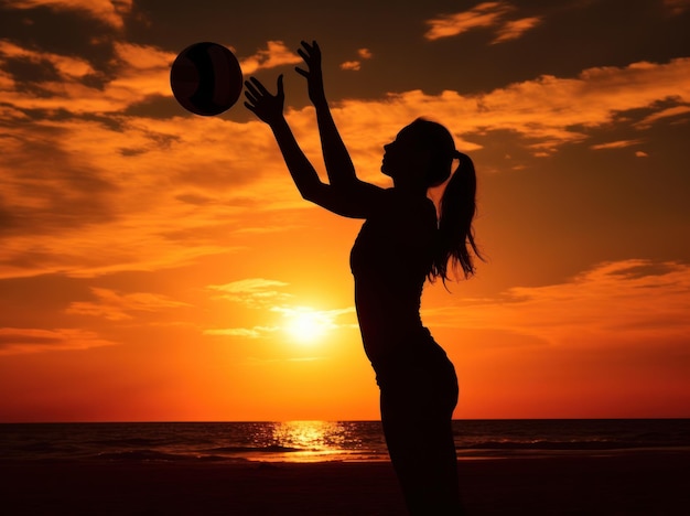 Silueta de una mujer jugando con una pelota de playa