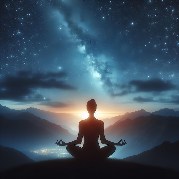 Foto silueta de una mujer meditando bajo el cielo lleno de estrellas