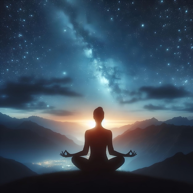 silueta de una mujer meditando bajo el cielo lleno de estrellas