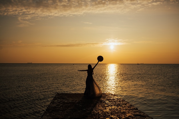 Silueta de una mujer mira la puesta de sol sobre un mar o un océano.