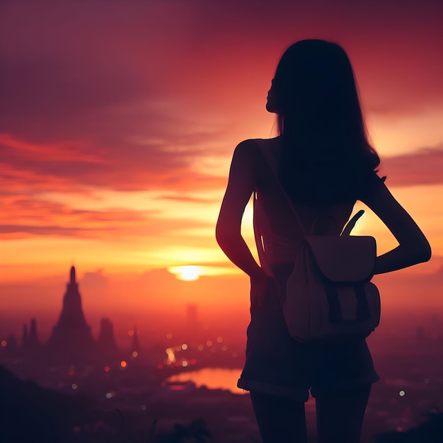 silueta de una mujer mirando hacia la puesta de sol