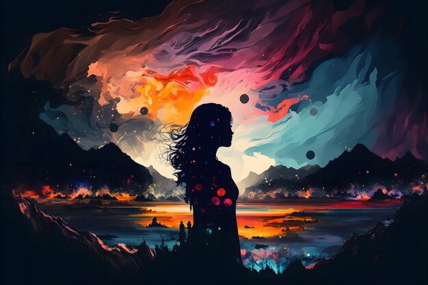 Silueta de mujer mística abstracta contra el cielo épico de la noche de cuento de hadas en tonos azules y naranjas Arte generado por redes neuronales