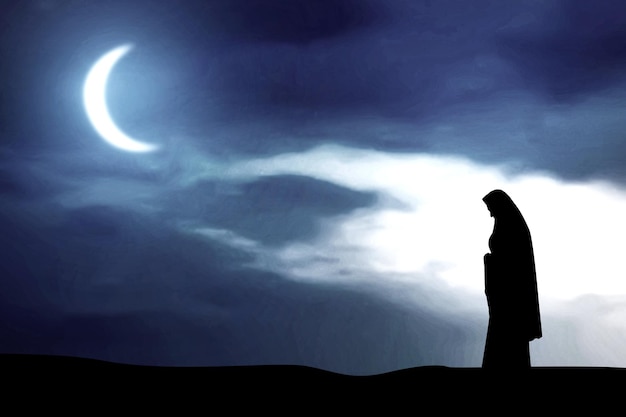 Silueta de mujer musulmana con velo en posición de oración salat con el fondo de la escena nocturna
