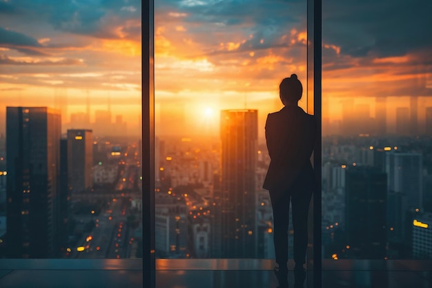 Foto silueta de una mujer de negocios mirando por una ventana el horizonte de la ciudad durante una puesta de sol impresionante que refleja la ambición y el éxito