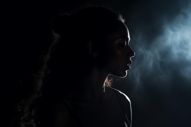 la silueta de una mujer en la oscuridad con humo saliendo de su boca