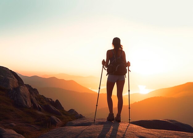 Silueta de una mujer con palos de trekking mirando una montaña al atardecer Adventure Madeira Portug