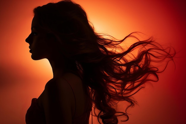 silueta de una mujer con el pelo largo ondeando al viento