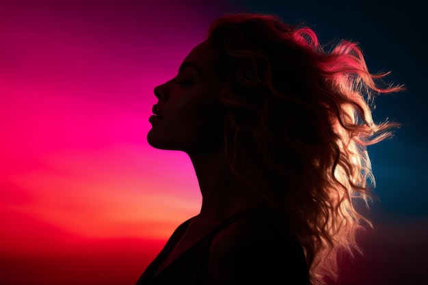 la silueta de una mujer con el pelo ondeando al viento