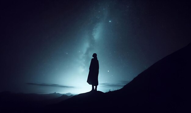 Silueta de una mujer de pie en una colina y mirando al cielo estrellado de la Vía Láctea