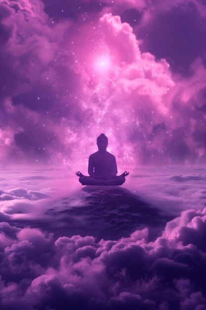 Silueta de una mujer en una postura de yoga en la posición del loto que libera la mente limpia el aura y abre los chakras