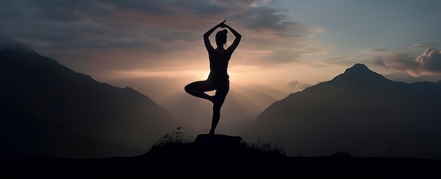 silueta de una mujer practicando yoga en la cumbre con fondo de montaña