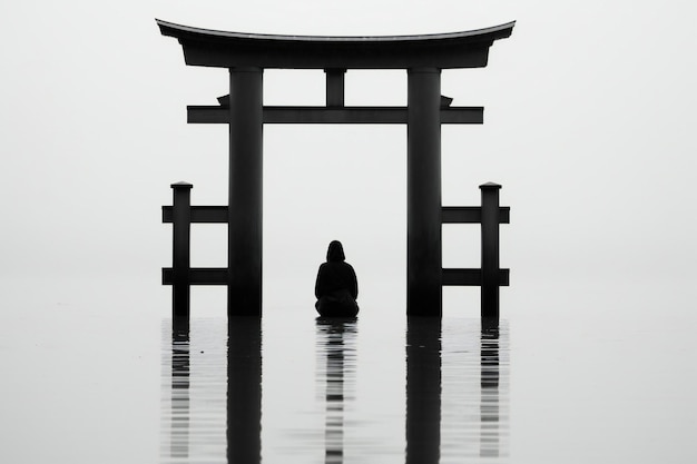 Foto silueta de una mujer sentada frente a la puerta torii