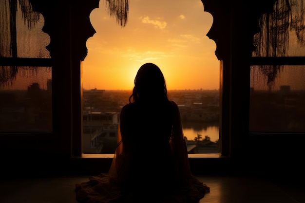una silueta de una mujer sentada frente a una ventana al atardecer