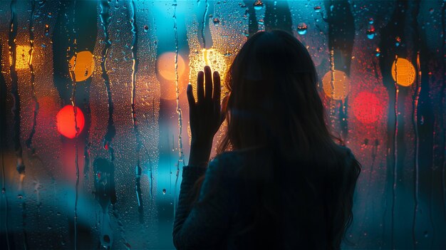 Silueta de una mujer triste y solitaria tocando una ventana de vidrio mojado
