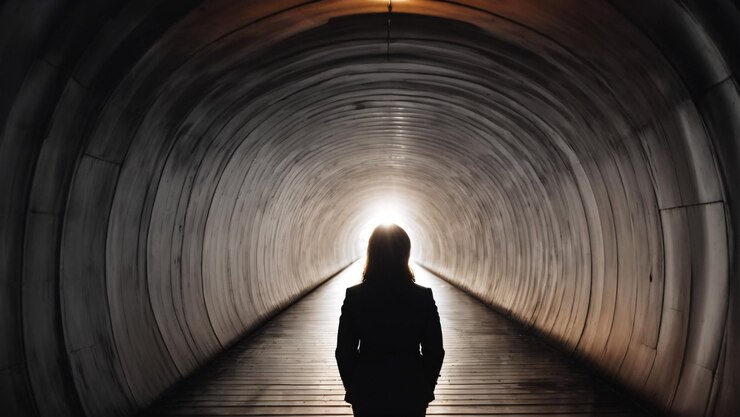 Silueta de una mujer en un túnel con luz al final