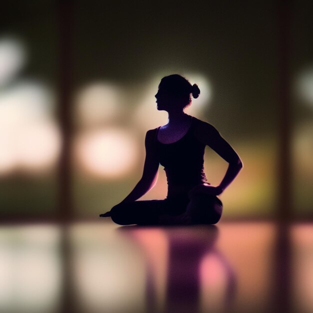 Una silueta de una mujer con un vestido negro con las palabras "yoga" en la parte inferior.