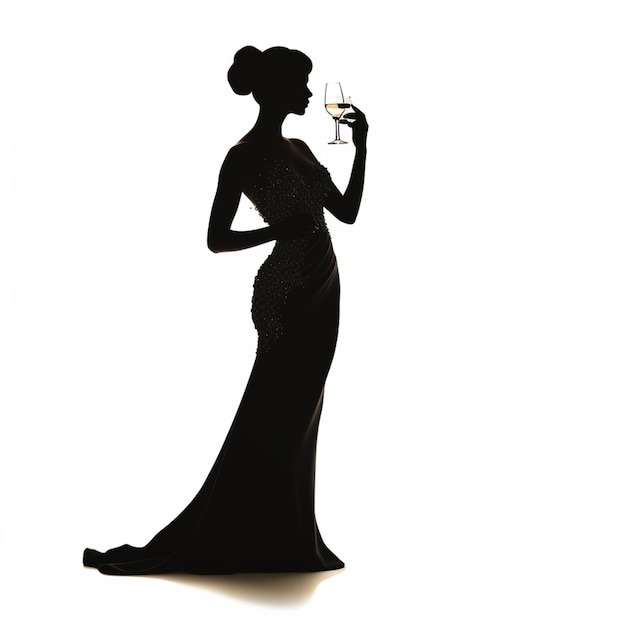 Foto silueta de una mujer con un vestido sosteniendo una copa de vino ai generativo
