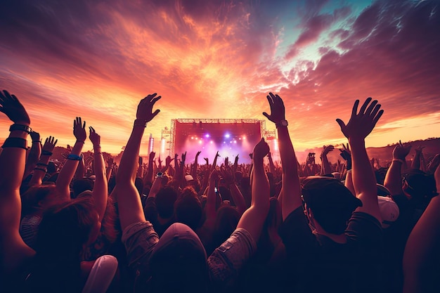 Silueta de multitud de conciertos con las manos levantadas en un festival de música. Multitud levantando la mano en el aire y disfrutando de un concierto en un festival generado por IA.