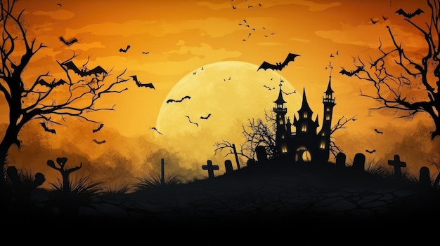 Silueta de murciélagos de casa embrujada y árboles espeluznantes sobre fondo naranja Diseño de Halloween Creado con IA generativa