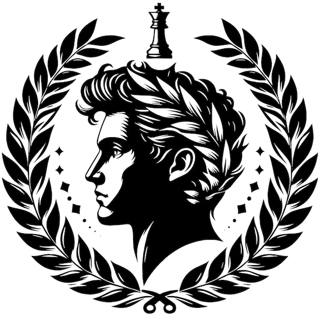 Silueta negra y blanca de una corona de laurel con una ilustración del símbolo de una pieza de ajedrez