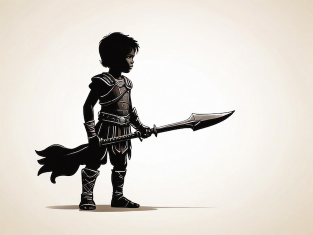 Foto silueta negra de un muchacho guerrero sobre un fondo blanco