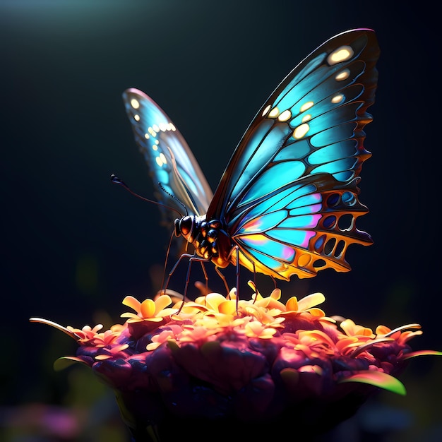 Silueta de neón de mariposa en estilo de arte de línea Ilustración vectorial 3D de la parte superior del contorno de papillon brillante