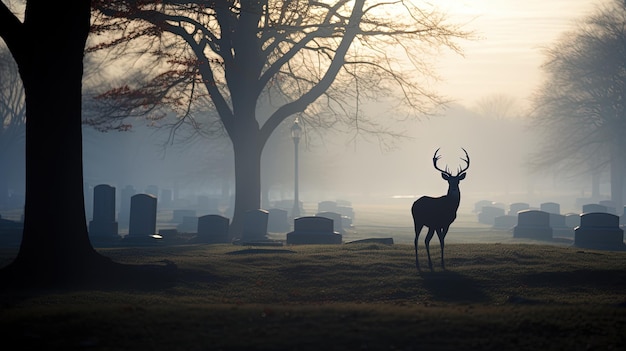 Silueta de niebla por la mañana de un ciervo en el cementerio