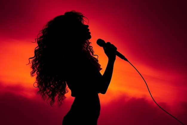 Silueta de una niña cantando en un micrófono con el telón de fondo de una puesta de sol roja