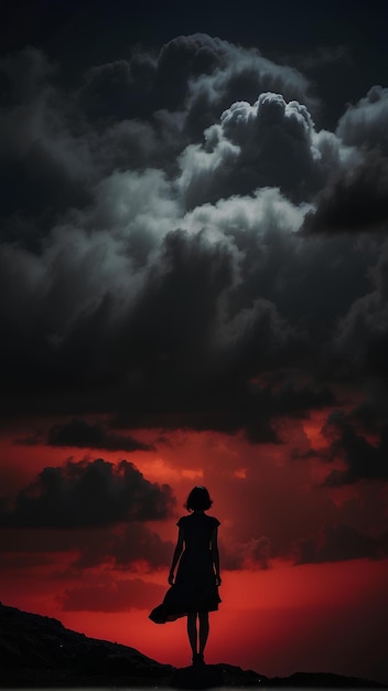 La silueta de la niña contra el cielo rojo con el rayo del sol