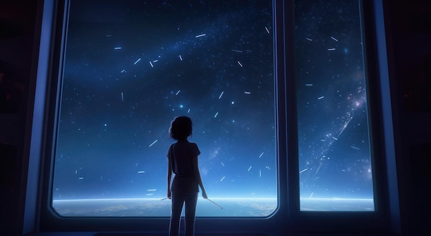 Silueta de una niña en la estación espacial cerca de la ventana contra el fondo de la galaxia y