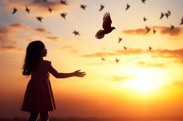 silueta de una niña con el fondo del atardecer generativo ai